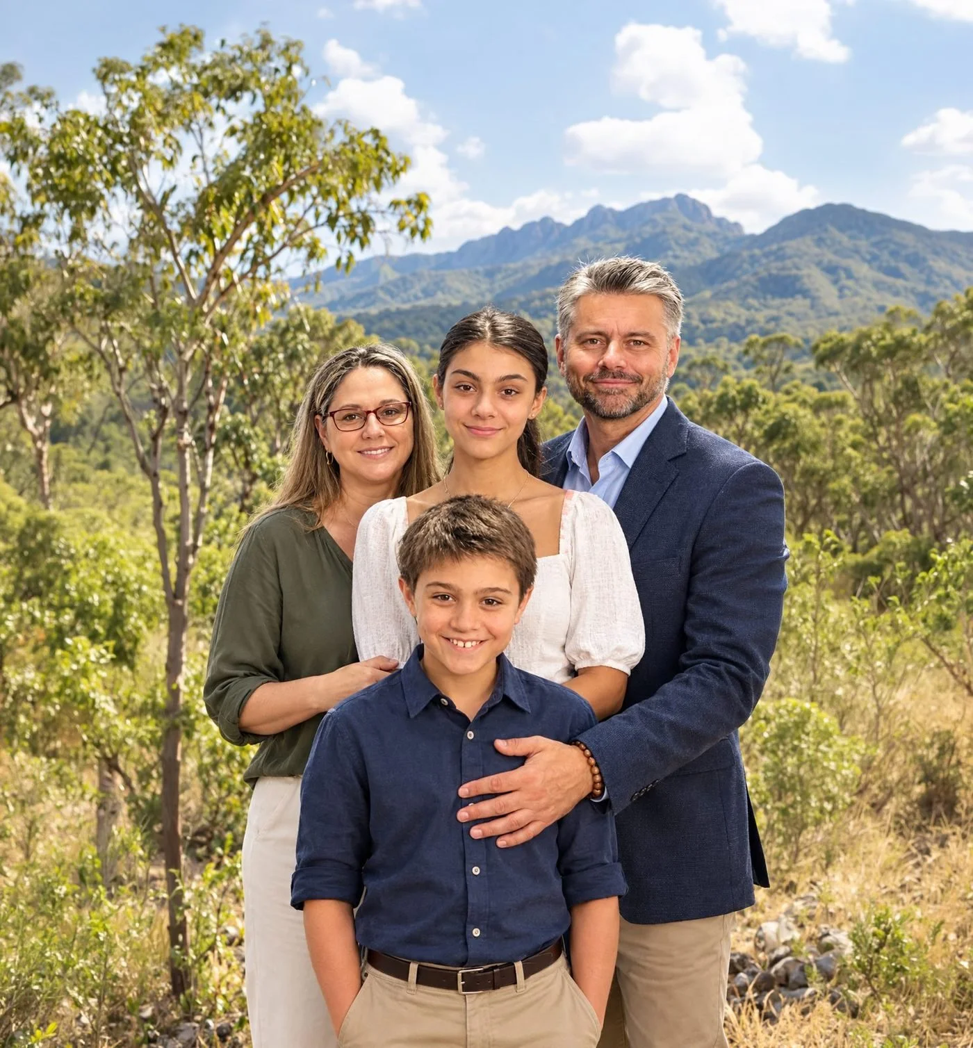 Robin and Leanne Drury with their children Samara and Elijah, standing together in North Queensland bushland