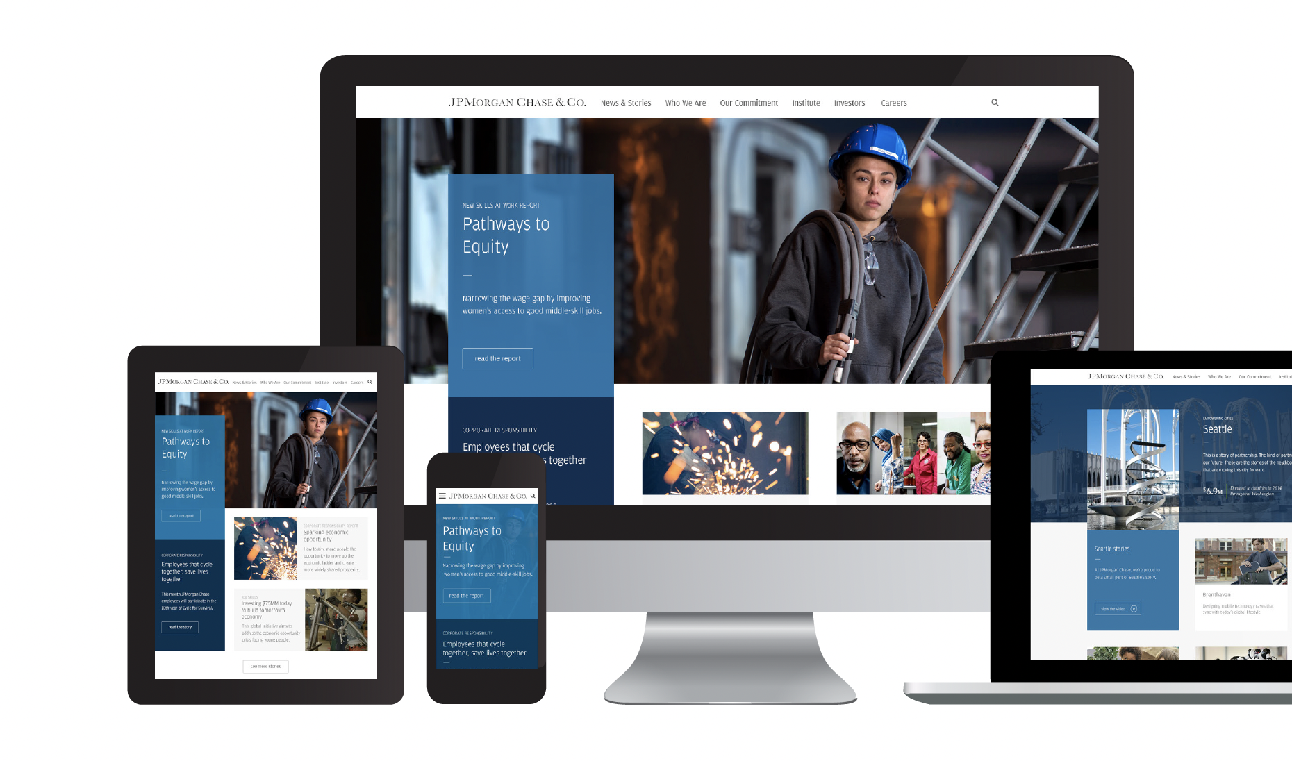 Desktop, tablet, laptop, and mobile device showing a web design optimized for each screen's size
