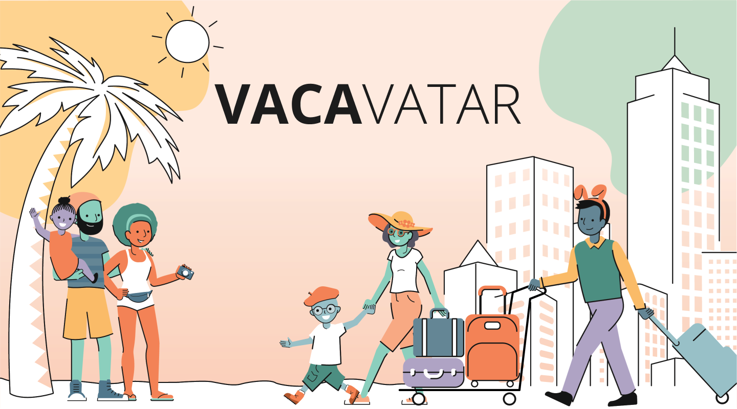 Colorful and happy illustration of a family enjoying their vacation