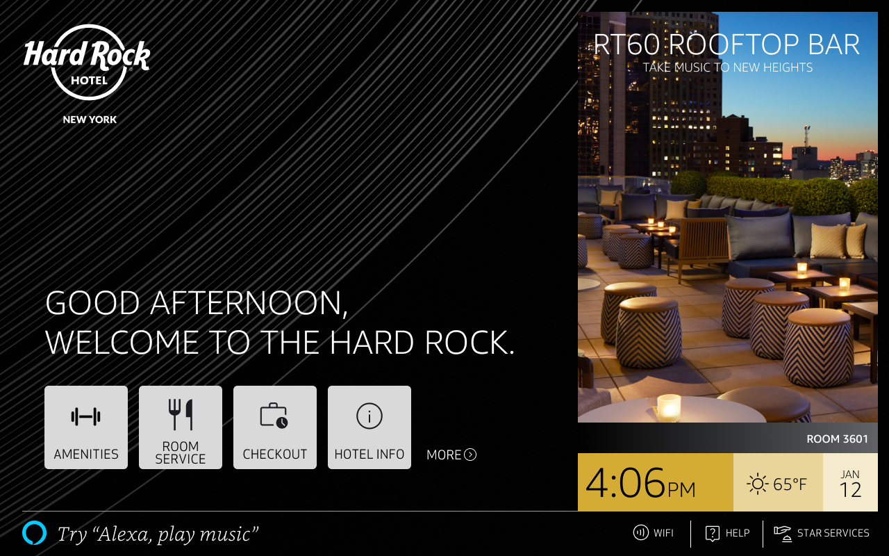 Homescreen detail for the Alexa experience showings for Amenities, Room Service, Checkout, and Hotel Info.