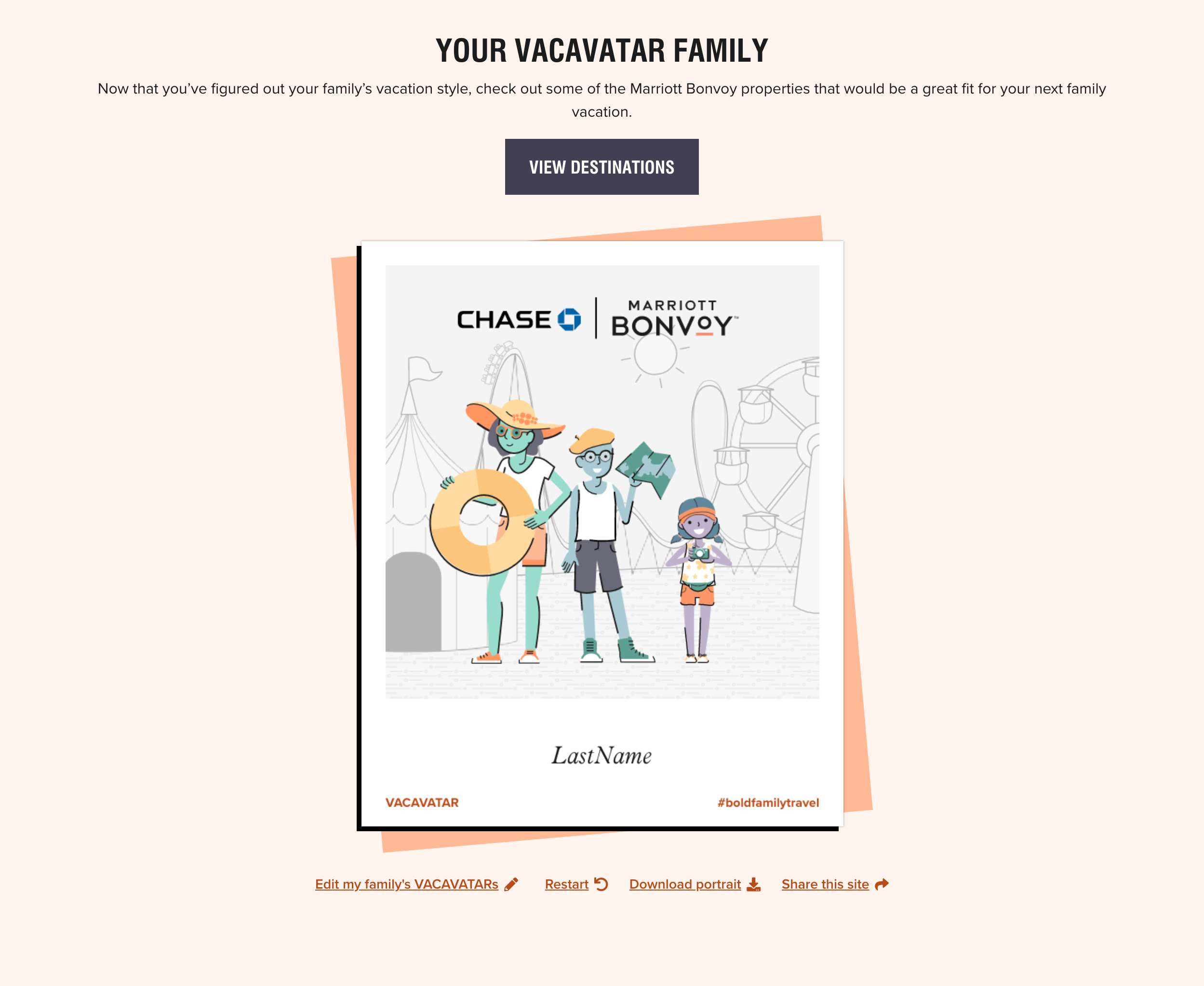 Your Vacavatar Family page showing a polaroid style illustration of a happy family on vacation
