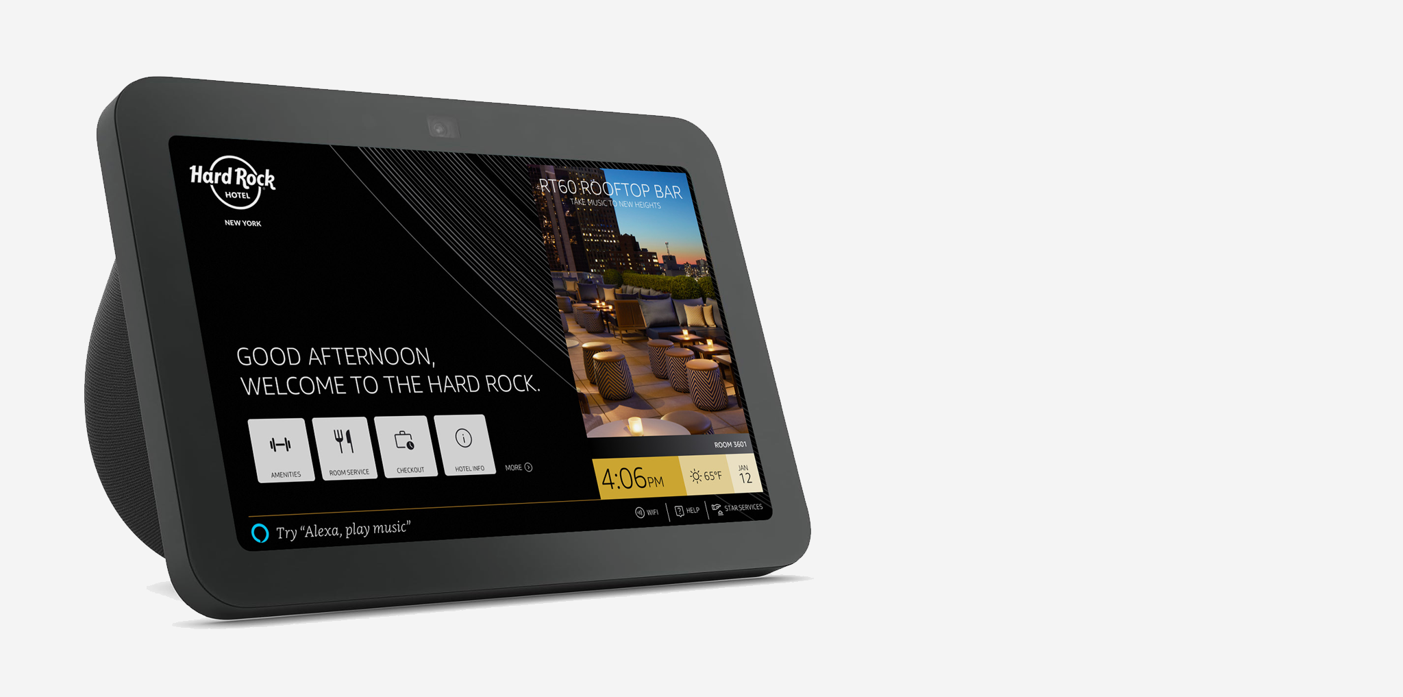 An Alex Echo Show 8 with the HardRock homescreen displayed.