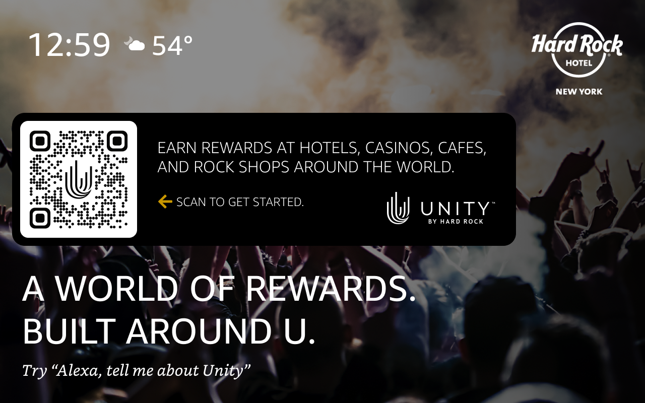 Screen image of the UNITY loyalty program on ho to earn rewards and Hard Rock Hotels, Casinos and Cafes including a QR code to scan