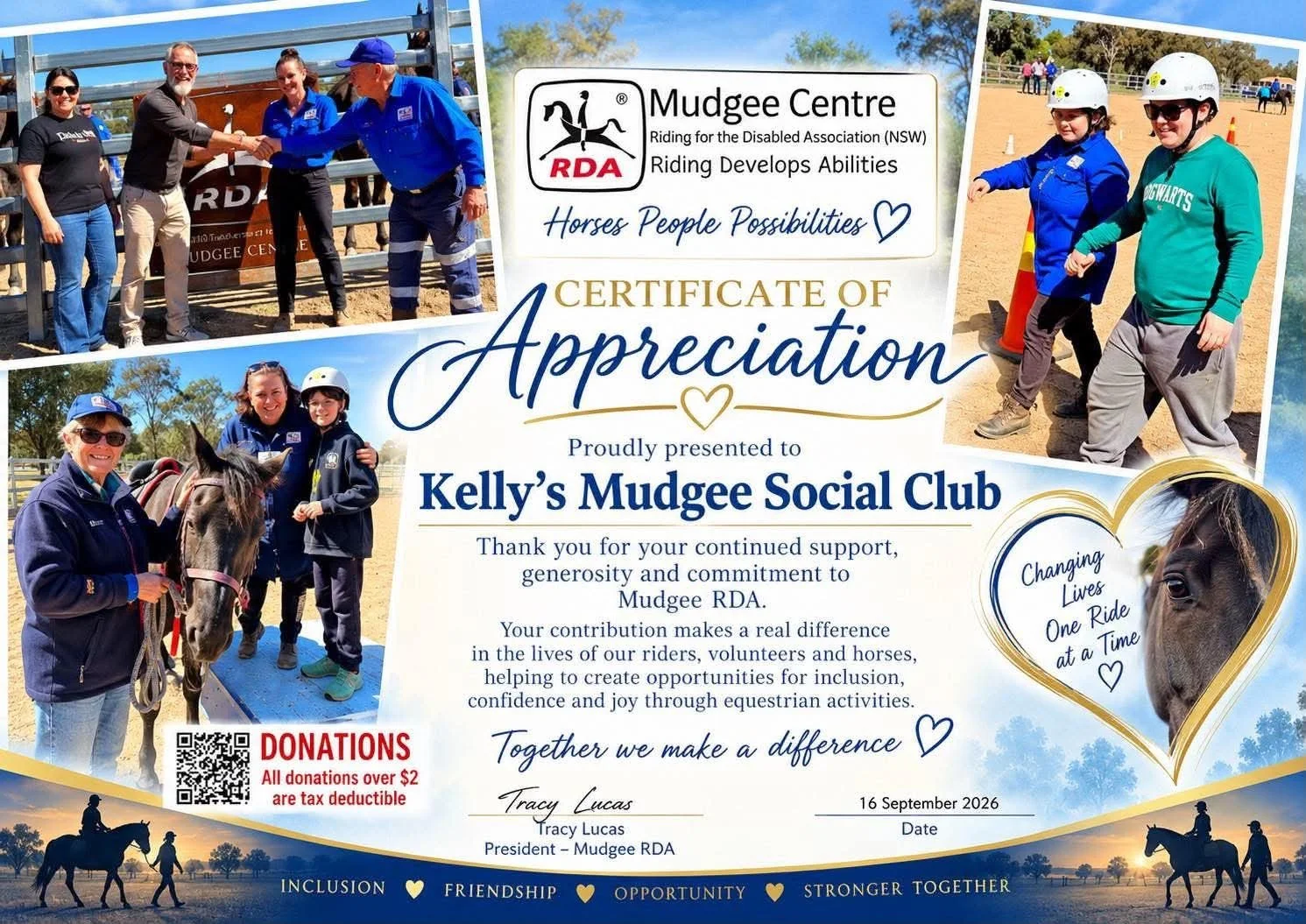 Certificate of appreciation presented to Kelly's Mudgee Social Club by Mudgee Centre Riding for the Disabled Association.