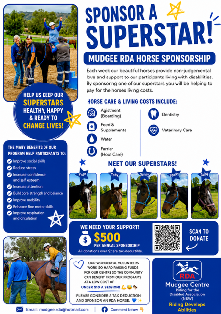 A colorful promotional poster for the Mudgee RDA Horse Sponsorship program encouraging donations to sponsor a horse and support disabled riders. It features photos of four smiling horses and their riders, lists horse care costs, benefits of sponsorship, and details for donations.