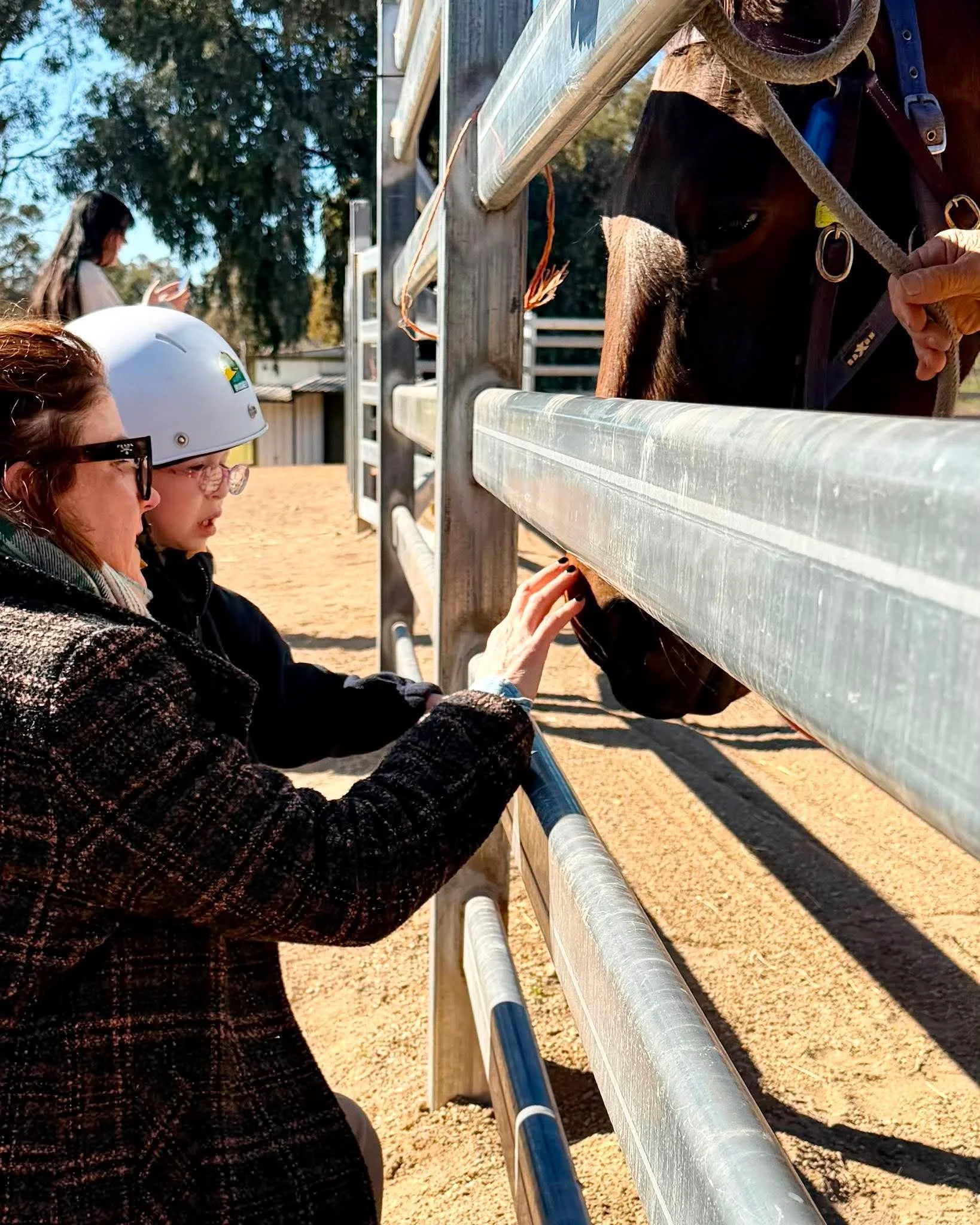 Two women and a girl looking at a horse in a fenced outdoor area on a sunny day.