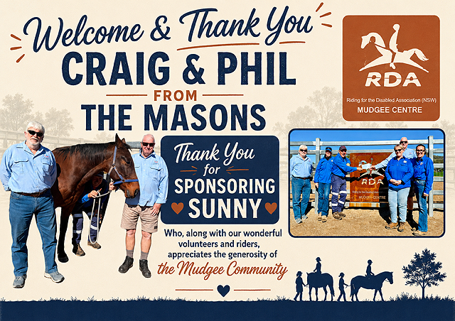 Celebratory thank you sign for Craig and Phil from The Masons, sponsored by RDA Mudgee Centre, with photos of people on horseback and a group of men in blue shirts shaking hands, against a sky and nature background.