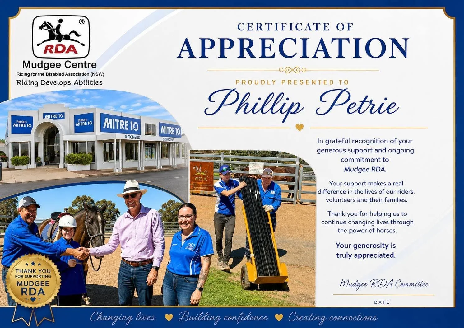 A certificate of appreciation awarded to Phillip Petrie for support of Mudgee RDA, featuring a photo of people at a riding center, a building with signage 'MITRE 10', and a handshake scene with riders and volunteers.