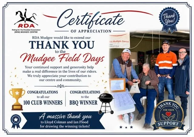 Certificate of appreciation from the Riding for the Disabled Association NSW, thanking Mudgee Field Days for support, featuring a group of four people smiling and standing outdoors at a booth, with trophies, a framed certificate, and a barbecue grill.