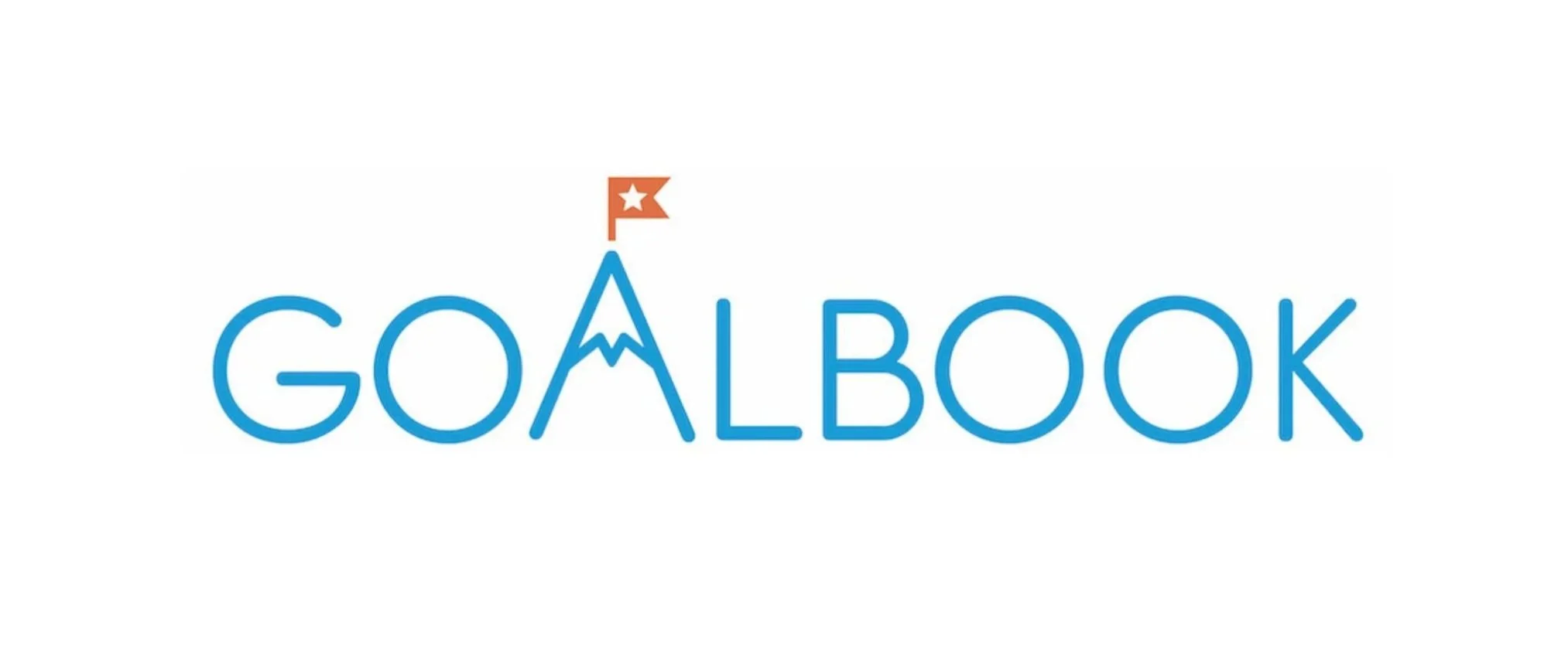 Logo with the words 'Goal Book,' where the 'A' is stylized as a mountain with a flag on top.