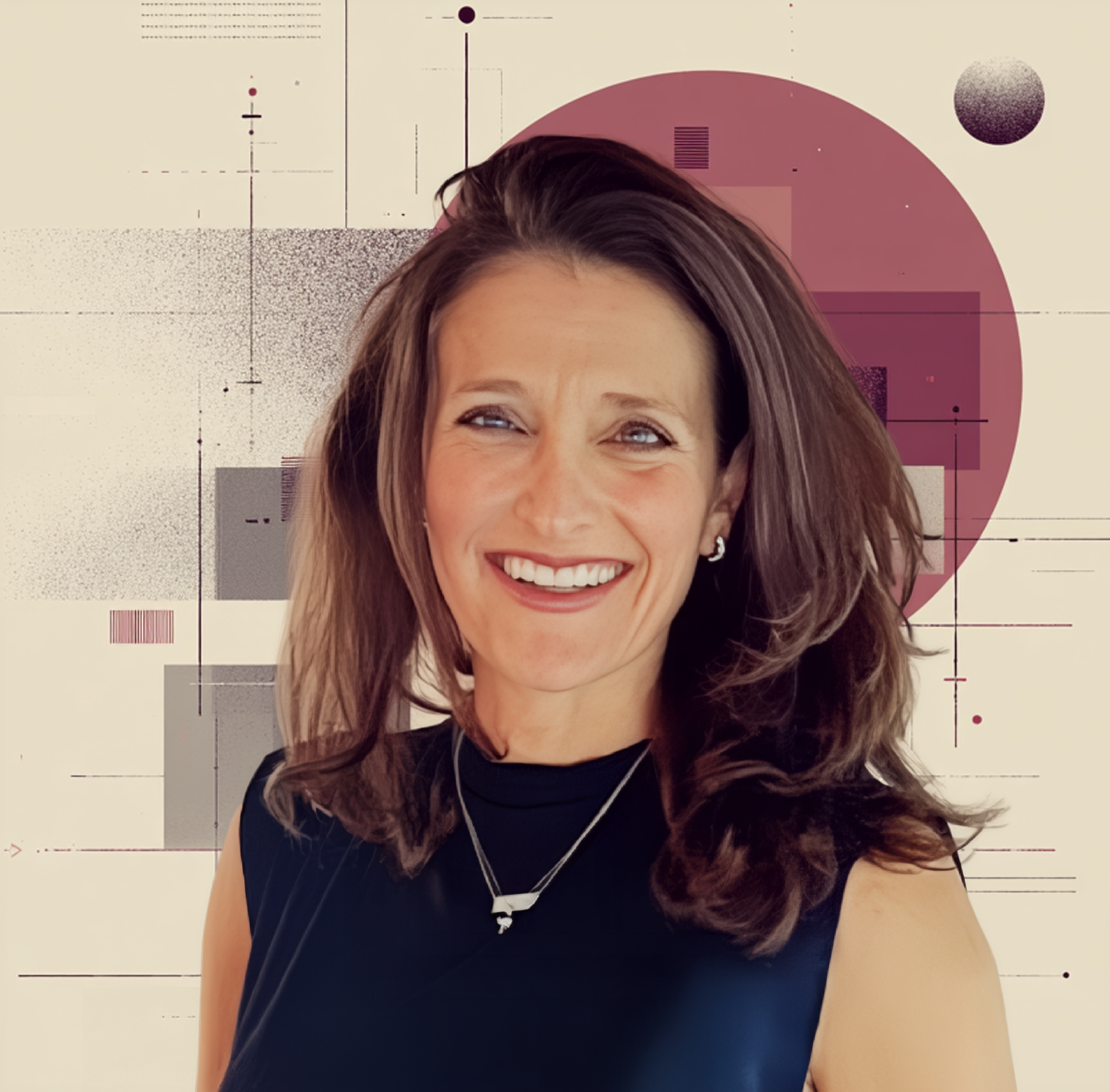 A woman with brown hair, wearing a black top and silver jewelry, smiling in front of a background with abstract geometric graphics and colors.