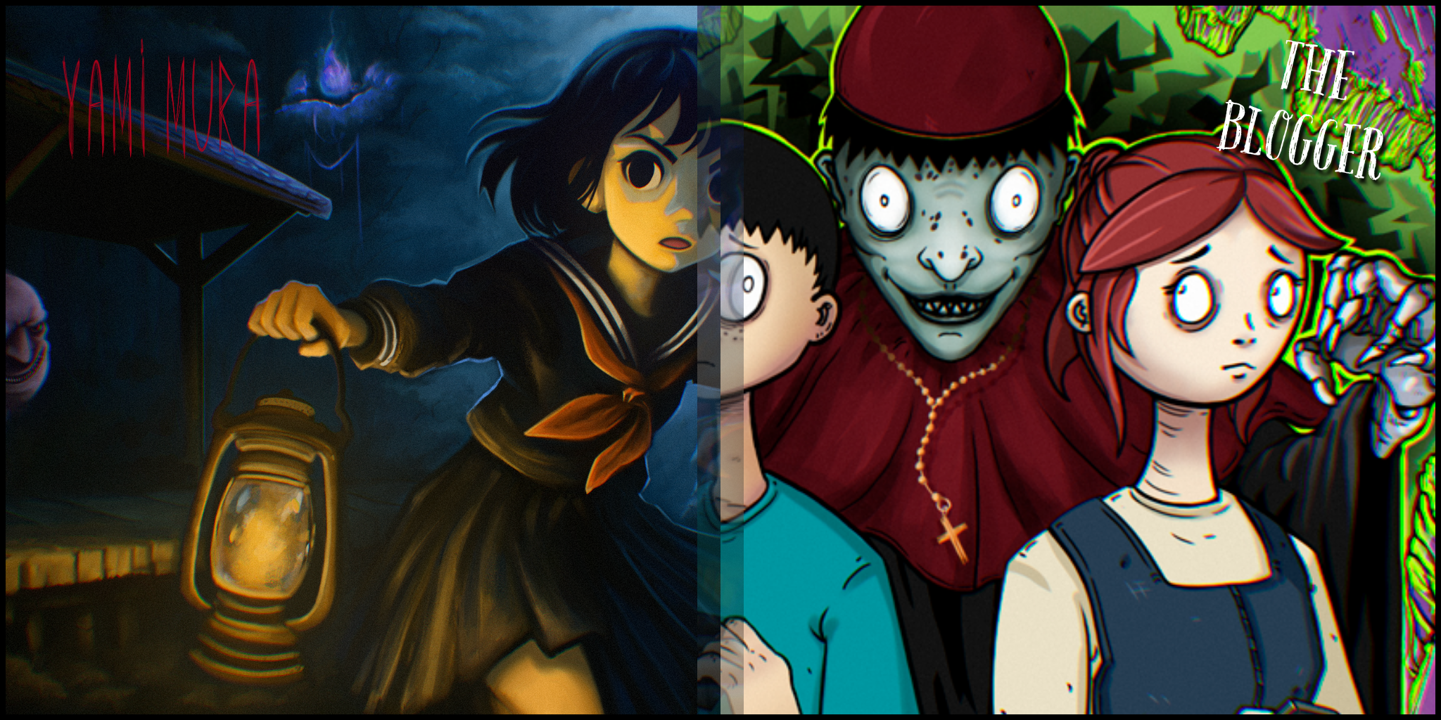 A split image showing two different art styles. On the left, a dark, atmospheric illustration of a girl in a school uniform holding a lantern at night, with a spooky figure nearby. On the right, colorful cartoon-style characters including a zombie, a girl, and a boy with wide eyes, set against a vibrant, abstract background.