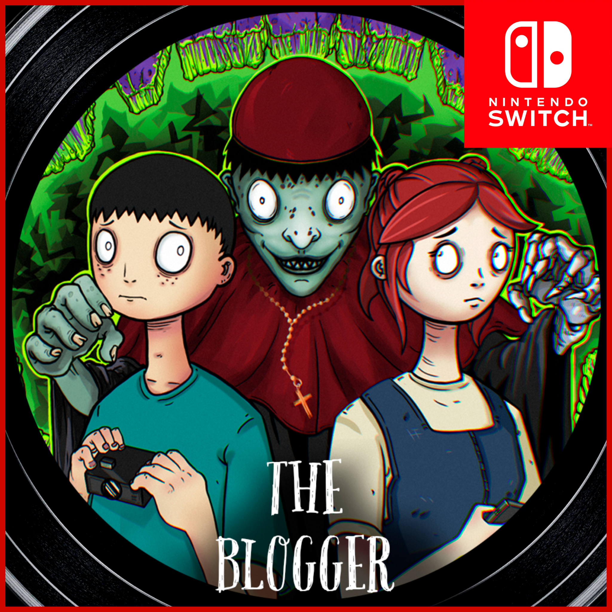Illustration of two children, a boy and a girl, with a menacing cartoon monster behind them. The boy is holding a game controller, the girl is holding a phone, and the monster has a sinister expression with glowing eyes. The background features a dark, green-hued pattern. A red corner displays the Nintendo Switch logo, and the title "The Blogger" is at the bottom.