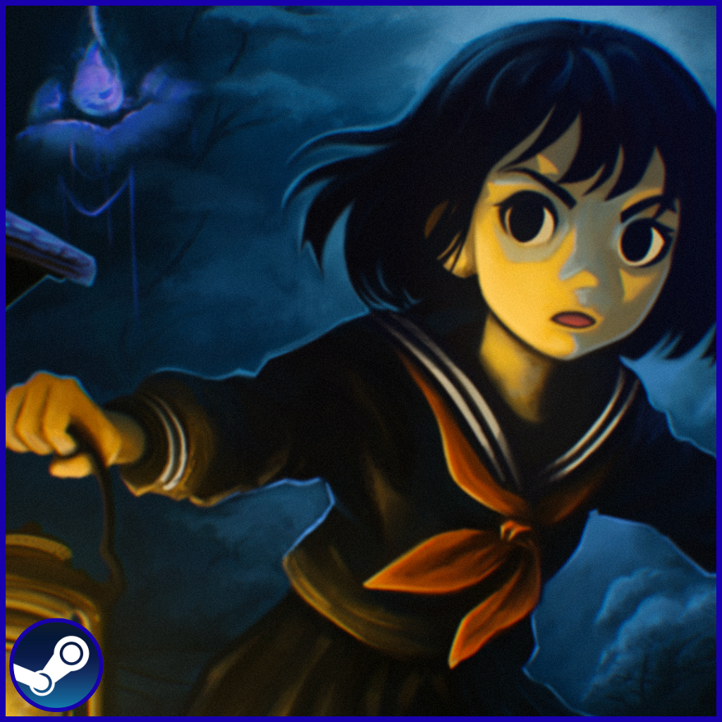 Anime girl in a traditional school uniform holding a lantern, with a dark, cloudy sky and a ghostly figure in the background.