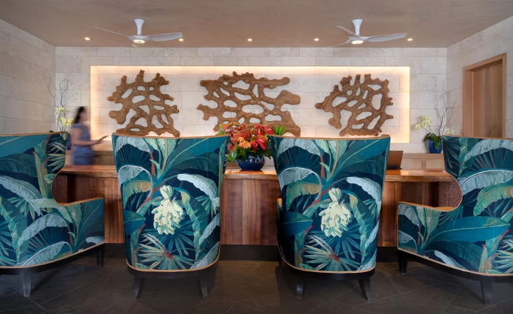 Commercial hotel furniture upholstery repair and custom fabric fitting for resort spaces in Maui, Hawaii.