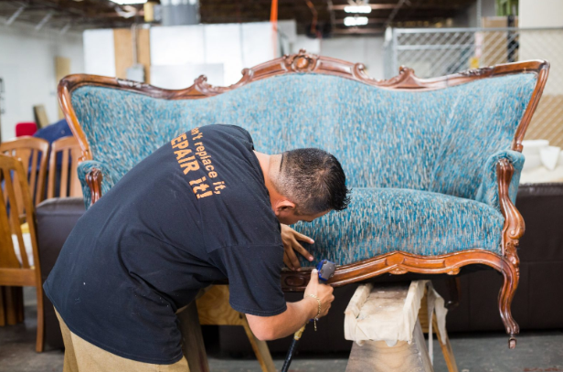 Upholstery services in Hawaii by Maui Upholstery Service restoring fabric furniture with professional equipment