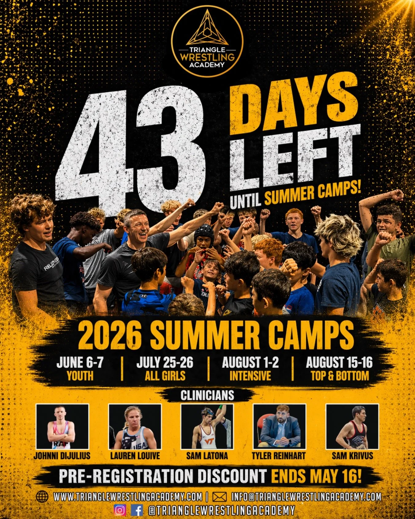 Include TWA in your summer training plans! Pre-registration ends May 16 🔥 Find out more using the link below!

🔗 https://trianglewrestlingacademy.com/camps

#TWA #SummerCamps #YouthWrestling #AcademyTrained #123Scrap