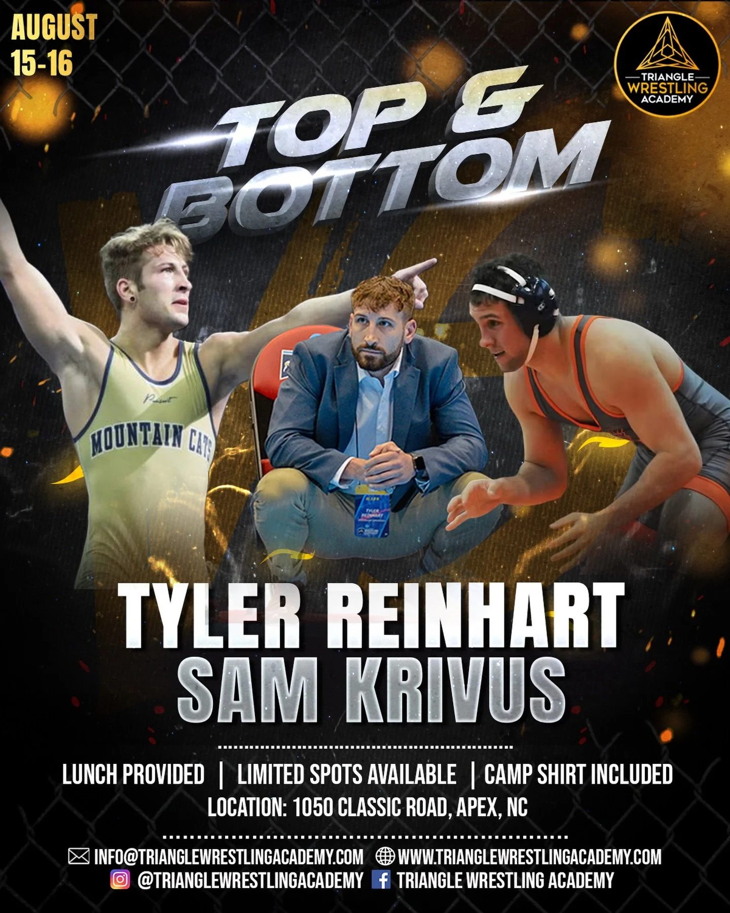 Rounding out our 2026 summer camps with a Top &amp; Bottom Camp August 15-16 featuring PA natives Tyler Reinhart and Sam Krivus. This camp is open to all wrestlers with a minimum of 1+ year of experience.

Tyler&rsquo;s accomplishments include:

&bul