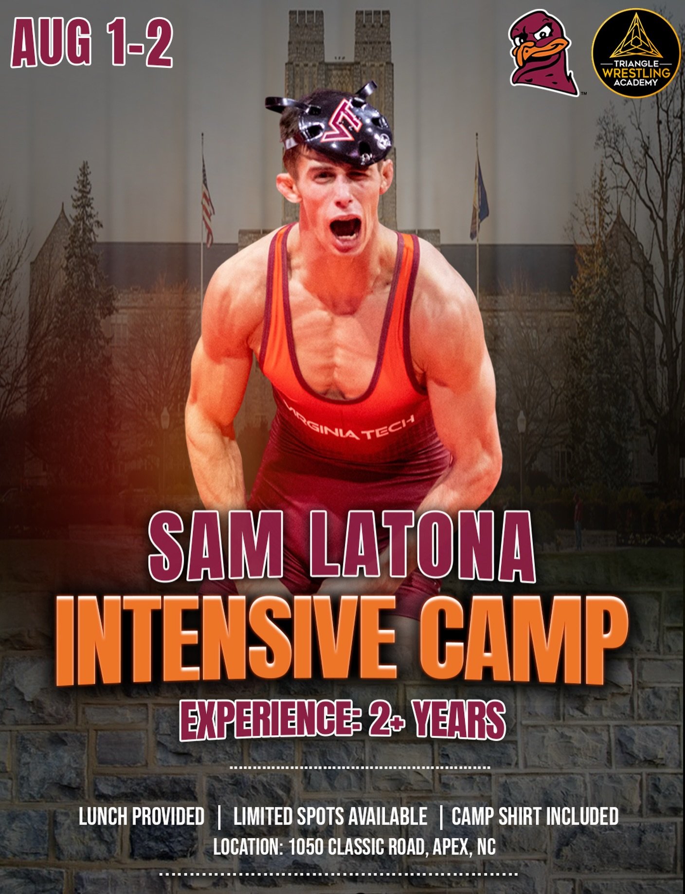 Join us for our Intensive Camp at TWA August 1-2 with Hokie alum Sam Latona 🦃. Designed for any wrestlers with 2+ years of experience.

Sam&rsquo;s accolades include:

&bull; 2x NCAA All-American
&bull; 5x NCAA Qualifier
&bull; 2021 ACC Champion
&bu