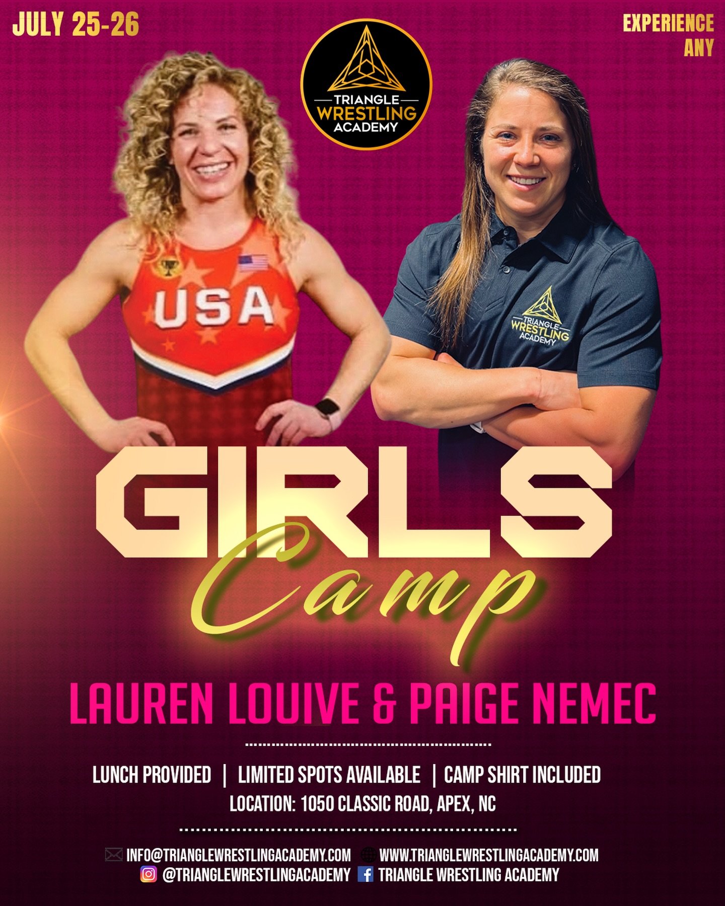 We&rsquo;re excited to announce our Girls Camp at TWA July 25-26 with Lauren Louive and Paige Nemec open to all experience levels! 🤼&zwj;♀️

Lauren&rsquo;s accolades include:

&bull; U.S. Open Senior National Champion
&bull; Olympic Trials Competito
