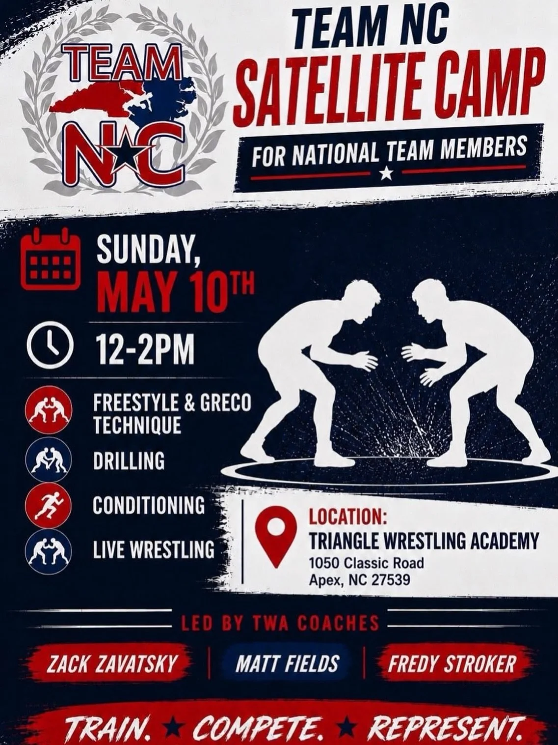 Don&rsquo;t miss this Team NC Satellite Camp held at TWA this weekend for all national team members! Come out and train with us and bring running shoes 💪

#TWA #TeamNC #NCwrestling #123Scrap