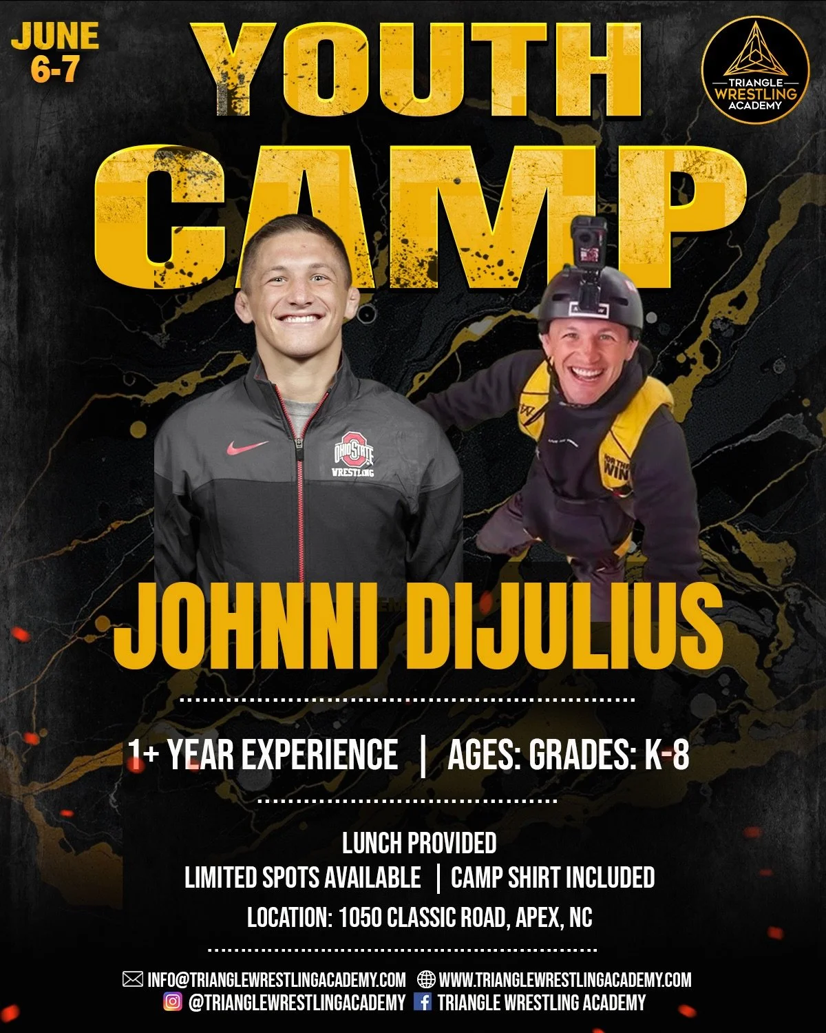 📣 Johnni DiJulius is back at TWA June 6-7 for our Youth Camp!

The @rafwrestlingusa star always brings great energy to the room and does an awesome job keeping training fun while still pushing kids to improve. Great opportunity for wrestlers looking