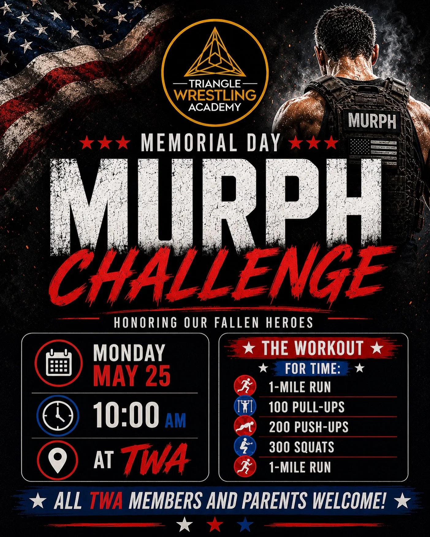 Memorial Day Murph Challenge 🇺🇸

Monday at 10:00 AM at TWA

All members and parents are welcome to come get after it 💪