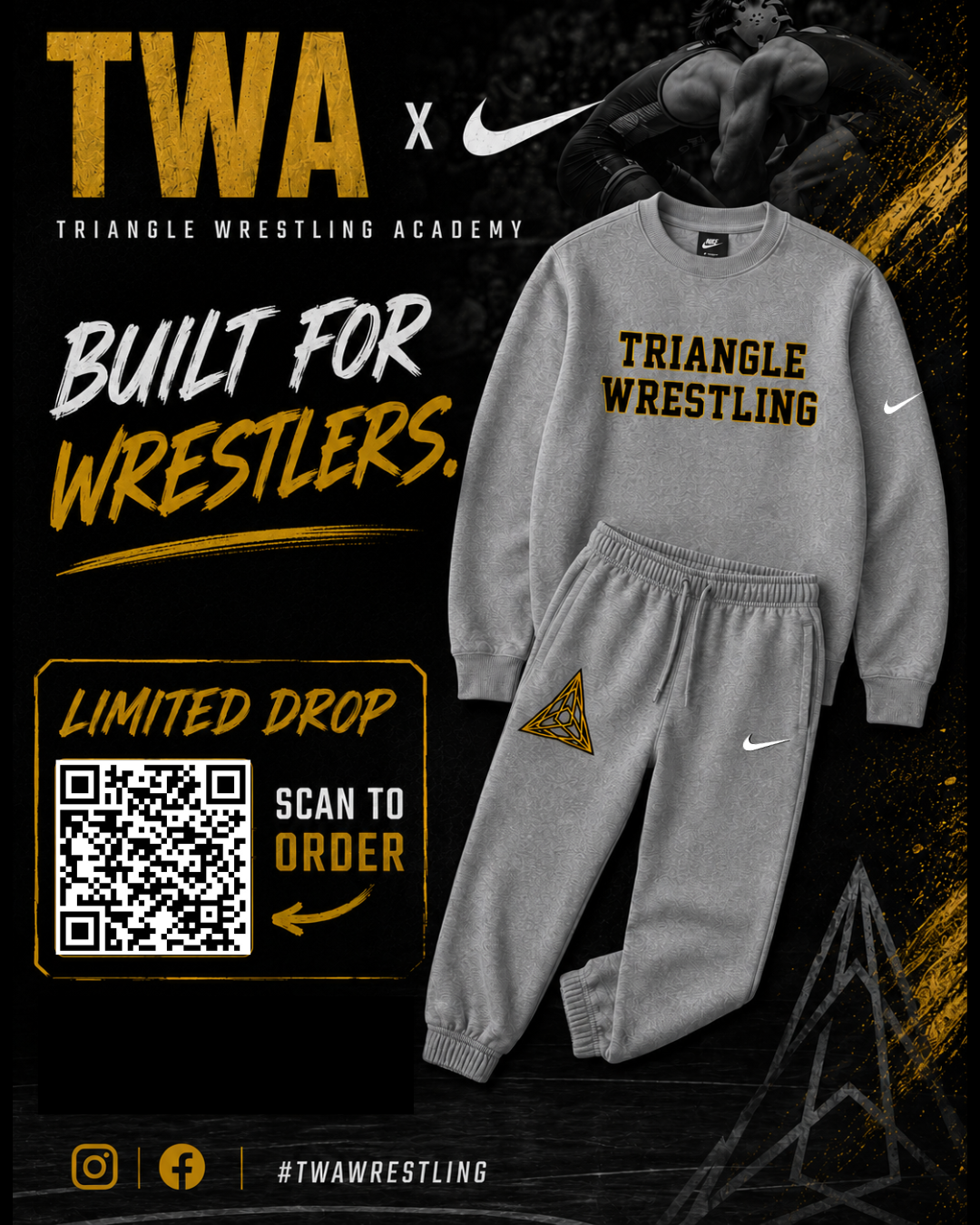 Promotion for Triangle Wrestling Academy and Nike featuring a gray tracksuit with 'Triangle Wrestling' on the sweatshirt, and a logo on the pants. Background shows an athlete wrestling, with bold text and a QR code for ordering.