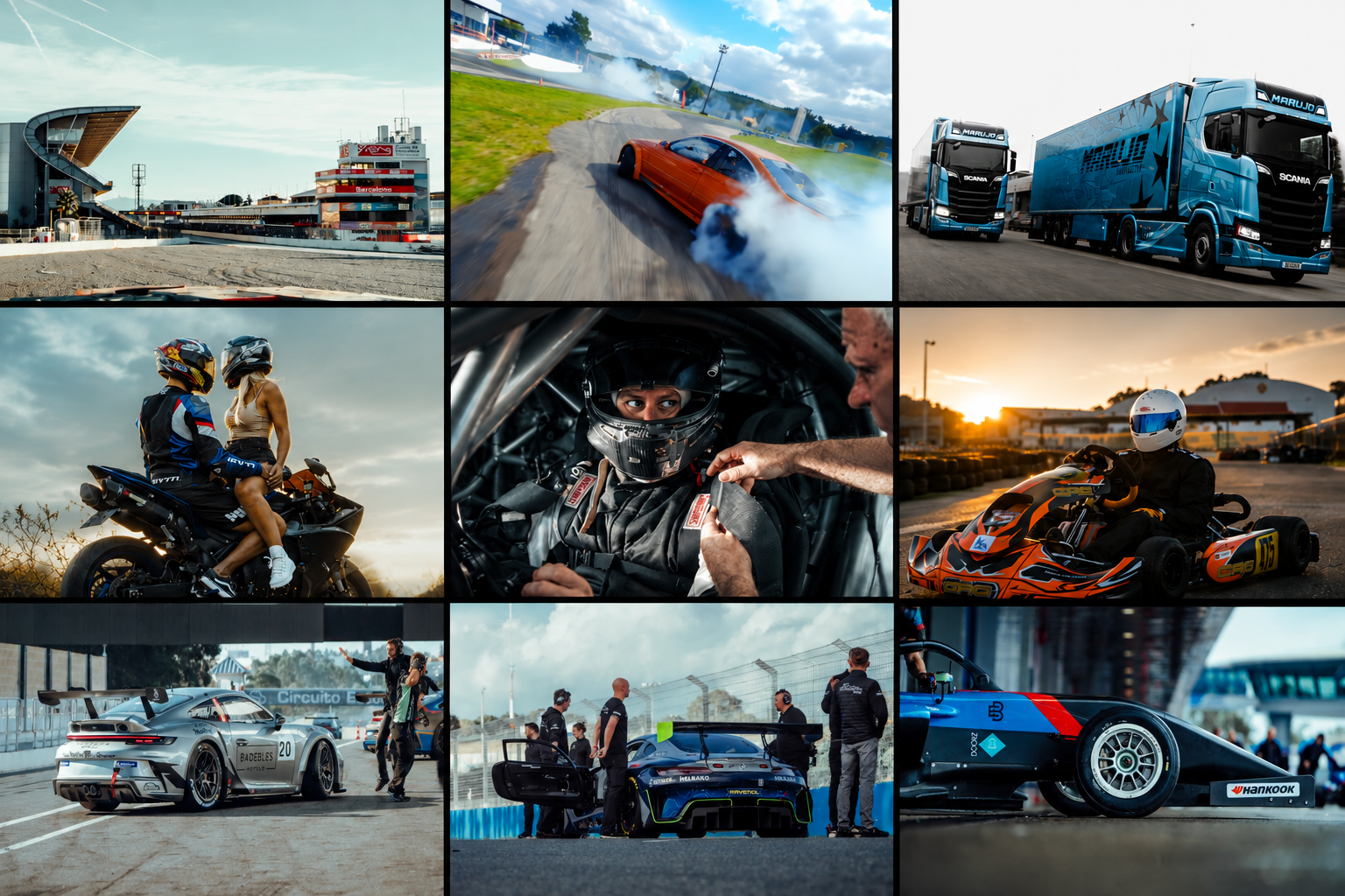 Collage of motorsport scenes, including racetracks, race cars, a go-kart, race team personnel, a driver in a racing car, and a motorcycle with a rider.