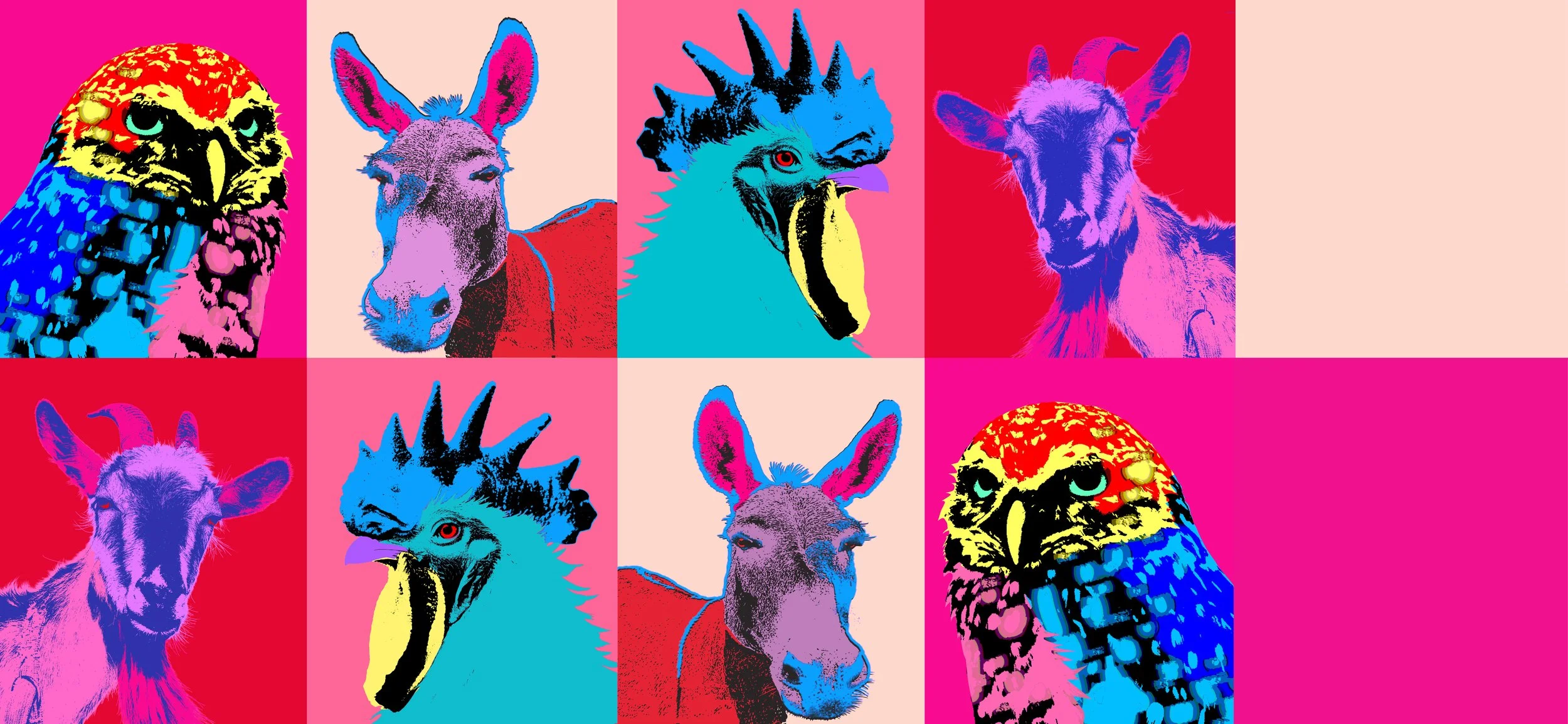 Pop art collage featuring stylized portraits of a bird, a donkey, a llama, a zebra, and a goat in vibrant colors.