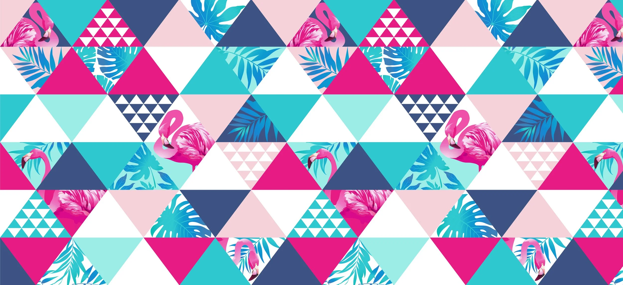 Colorful tropical pattern with pink flamingos, tropical leaves, and geometric triangles in pink, blue, navy, and white.
