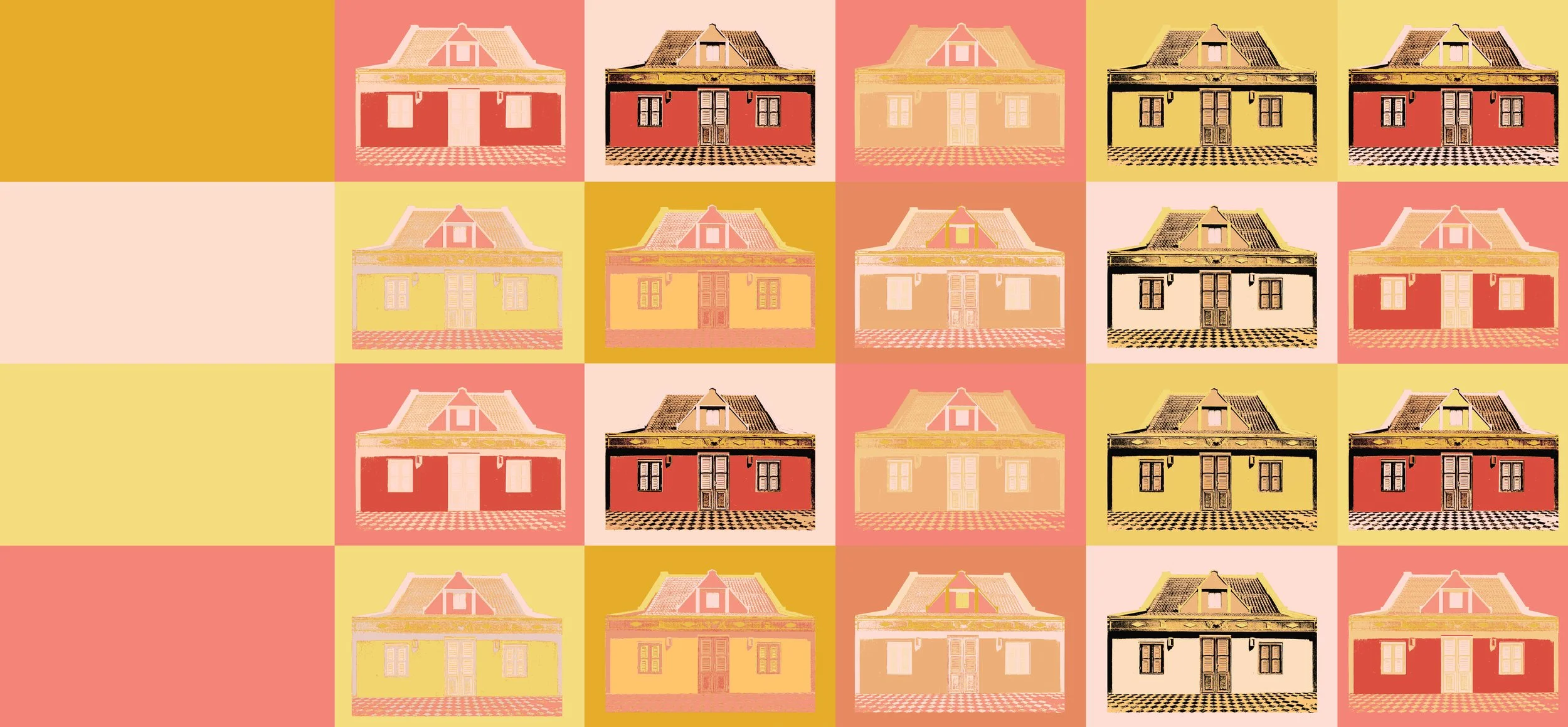 A colorful repeating pattern of house illustrations in a graphic art style, with houses in various shades of red, yellow, peach, and black, arranged in a grid against alternating background colors of pink, yellow, and peach.