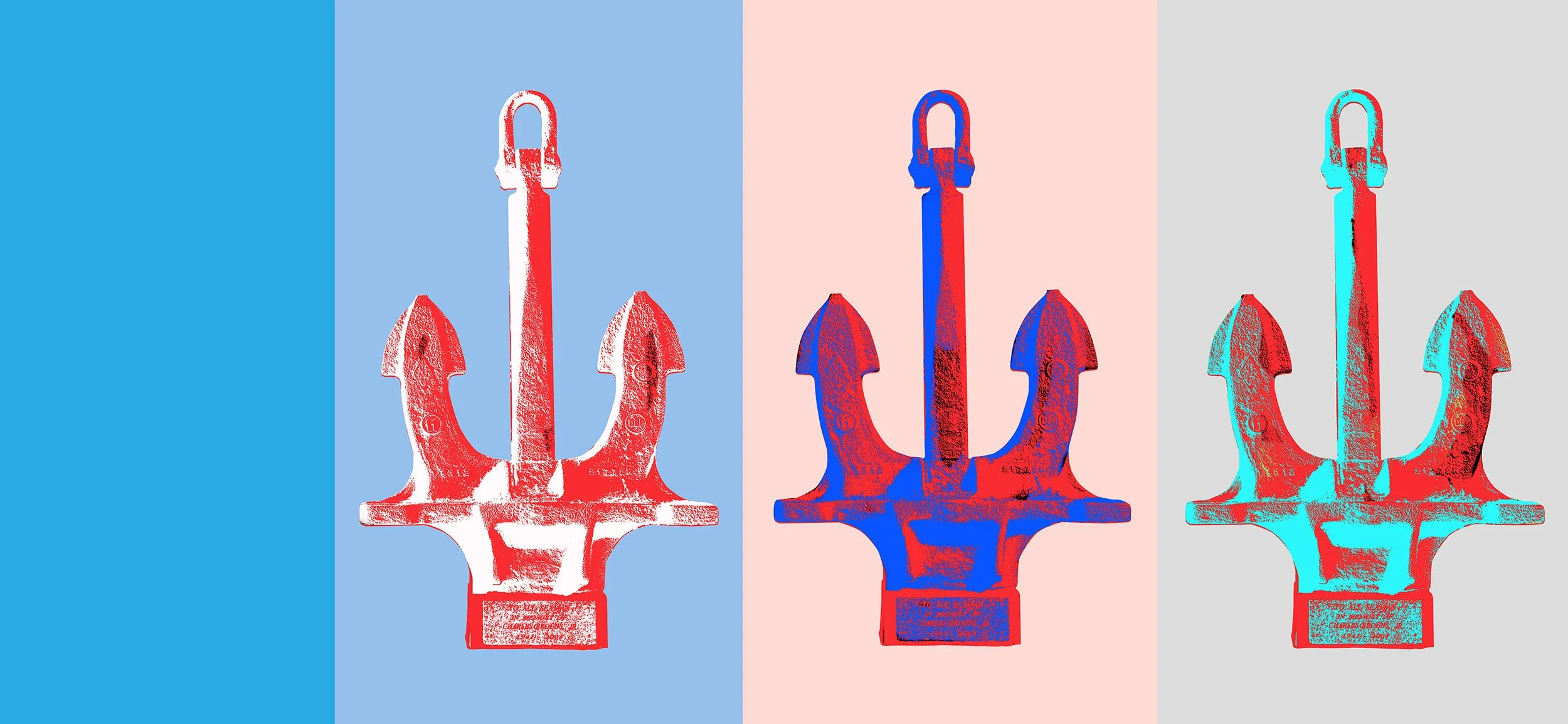 Pop art style image of an angel trident with red, blue, and cyan colors on differently colored backgrounds.