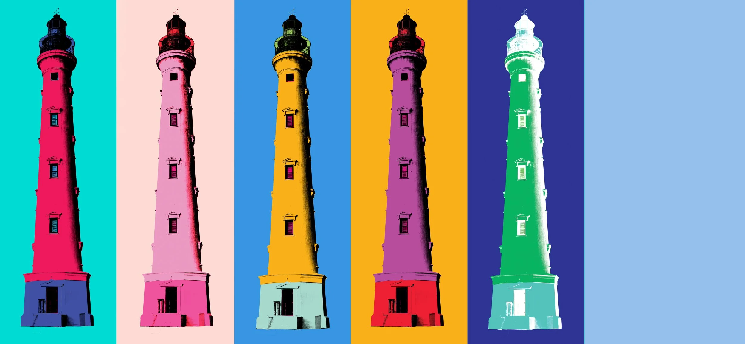 Pop art style depiction of a lighthouse in six vertical panels, each with a different background color and color scheme for the lighthouse.
