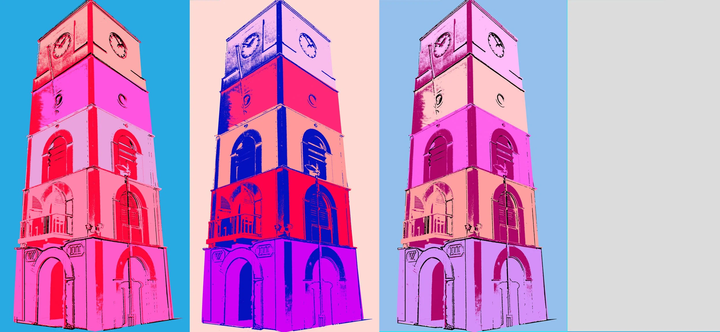 A pop art style image of a clock tower with three different color schemes. The tower has arched windows and balconies, with a clock face at the top.