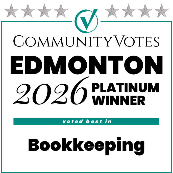 Award badge for Edmonton community votes in 2026, indicating platinum winner in bookkeeping, with a green checkmark and stars at the top.