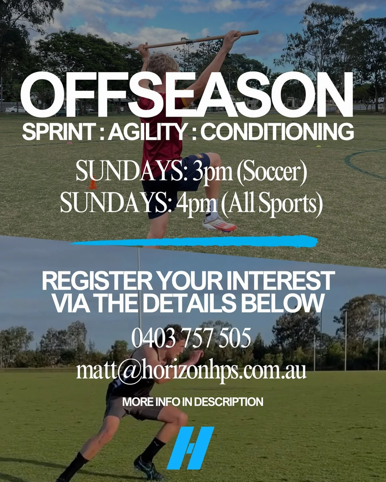 OFFSEASON FIELD SESSIONS START SUNDAY 🏃🏽

If you want to improve your speed, agility, technique and fitness, this is the place to start. Sundays are for Horizon field sessions and field sessions are for you. Unfortunately you can&rsquo;t get faster