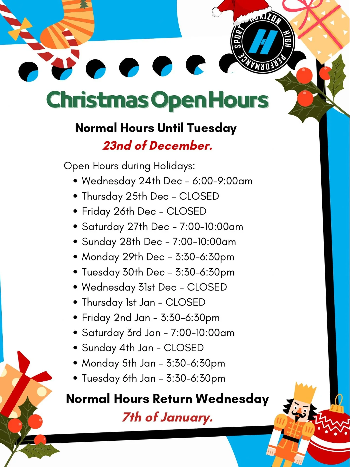 Holiday season is approaching quickly, so we wanted to give everyone the most time to plan their sessions between big lunches and family time. If you have any questions, please feel free to contact us via message or in gym. 🎄

Thanks team! #teamhori