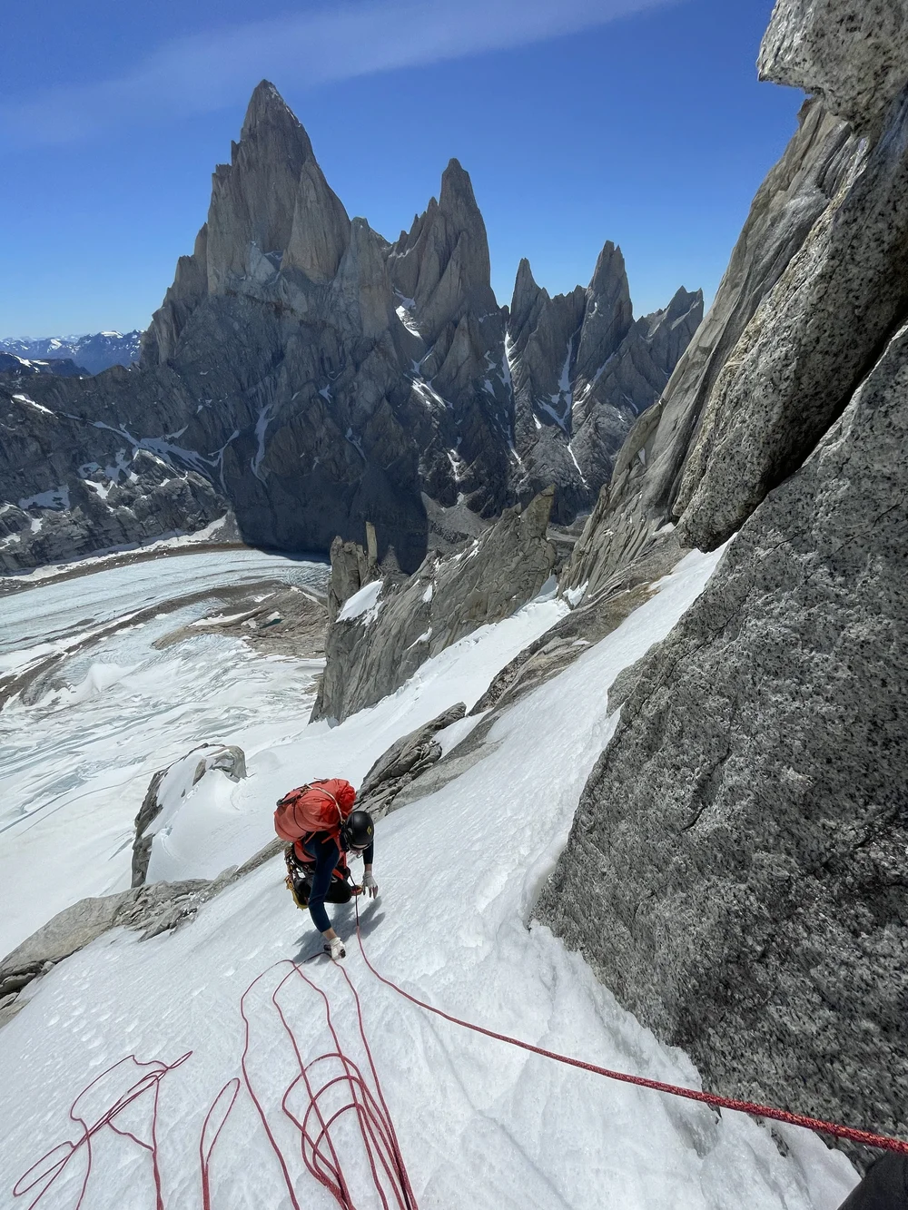 The climb to the Col of Patience with Cerro Chalten in the background (Photo: Colin Haley)