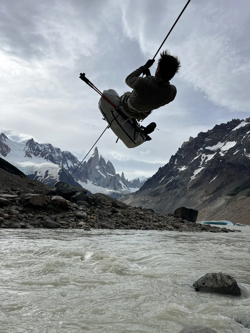 Danny on the Tyrolean traverse across the Rio Torrre