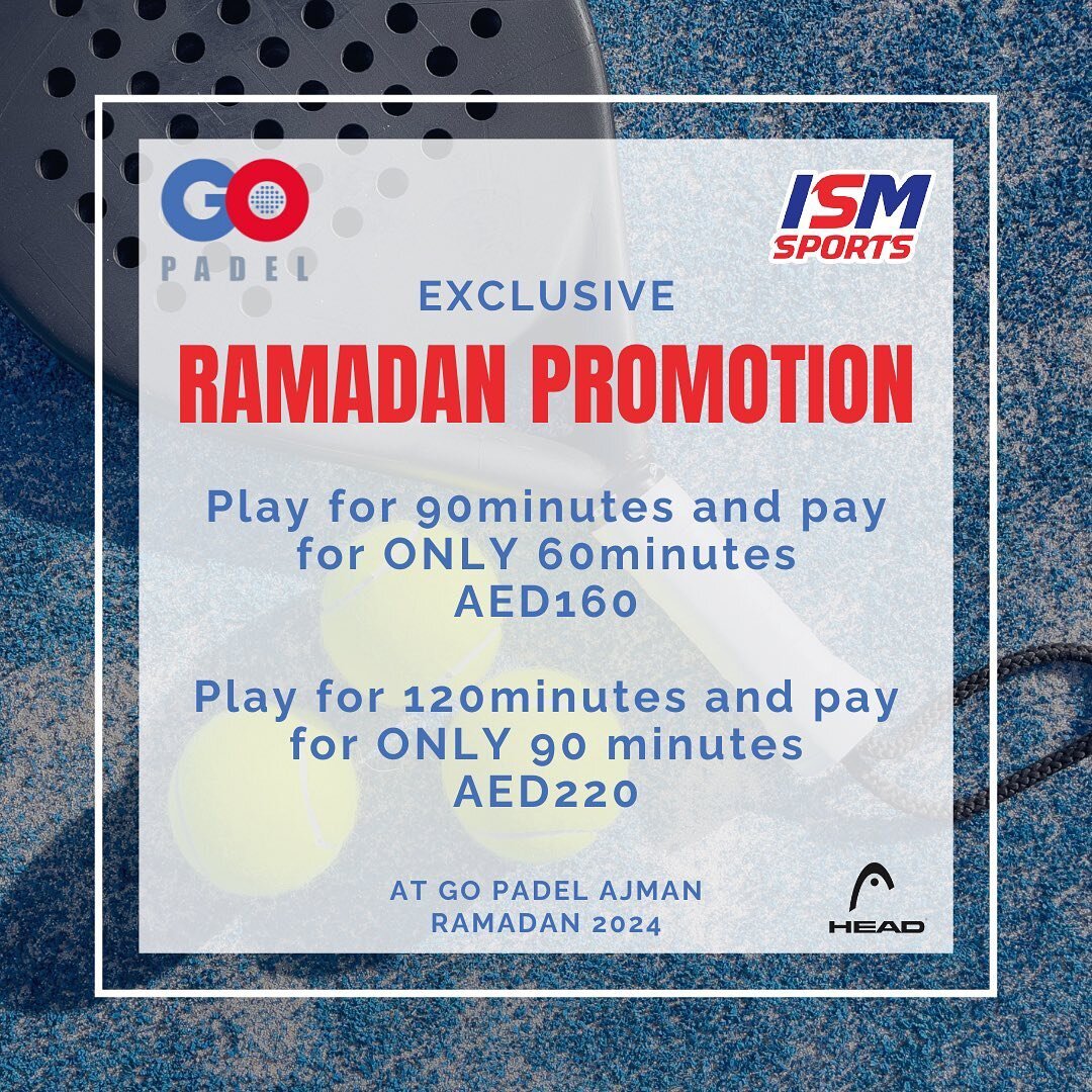 RAMADAN OFFER! 🔥🌙

Don&rsquo;t miss our Ramadan offer! Come down and enjoy our facilities at a discounted rate this month! 

Use the below WhatsApp number to book your court now! 🔥

WhatsApp: +971&nbsp;58&nbsp;804&nbsp;0769