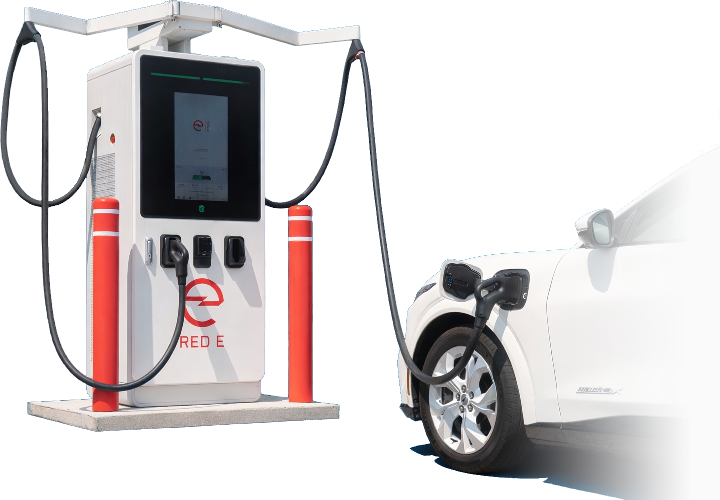 Electric vehicle charging station connected to a white electric car, with charging cables plugged into the car's charging ports.