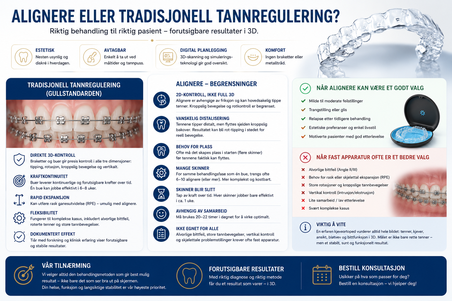Informasjonsplakat som sammenligner tradisjonell tannregulering (gullstandarden) med alignere, med punkter om fordeler og ulemper, samt tips for valg av behandling.
