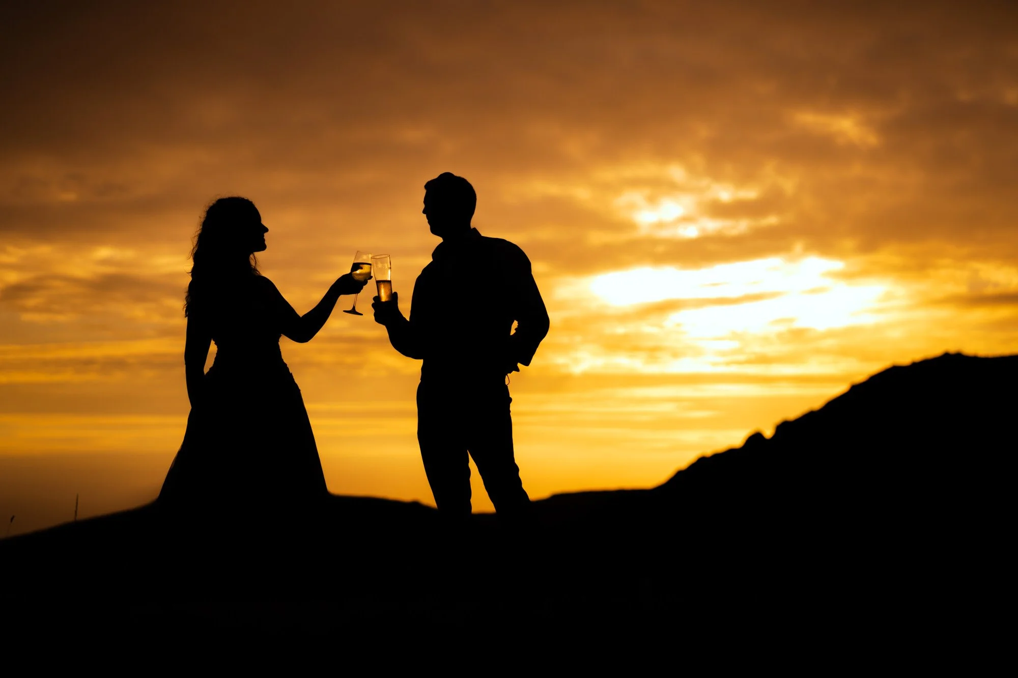 Silhouettes of a man and woman toasting wine glasses during sunset on a hill.