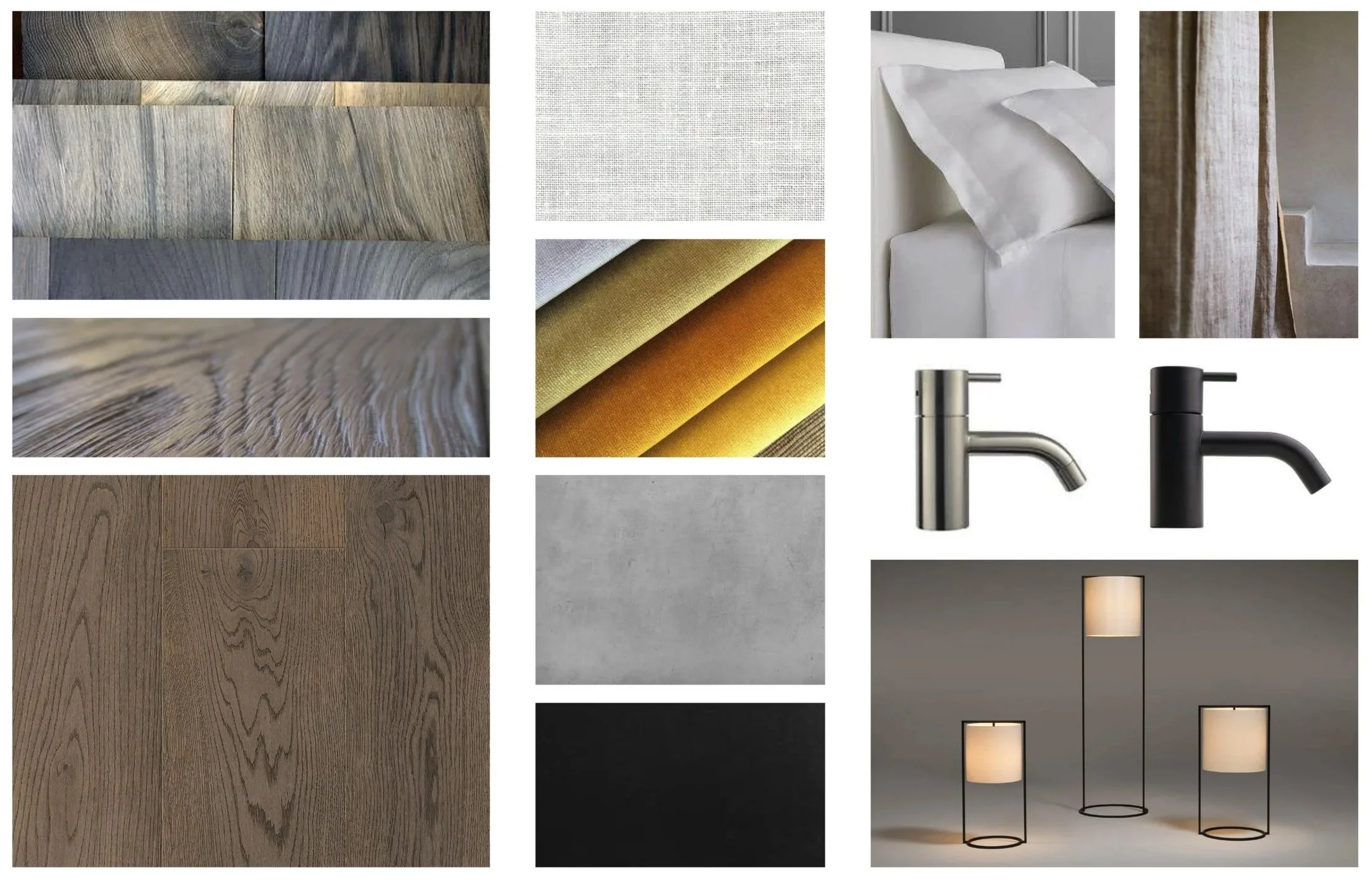 Eine Sammlung von Materialproben und Einrichtungselementen für ein Innendesign, einschließlich Holzfliesen, Stoffmustern, einer weißen Bettwäsche, Vorhängen, Wasserhähnen, Wand- und Bodenbelägen und Beleuchtungsstücken.