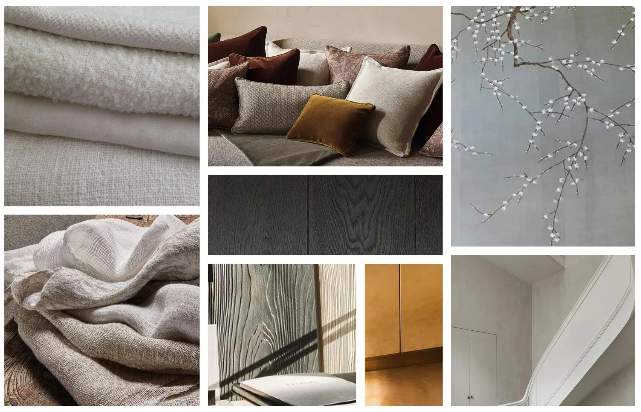 Collage aus verschiedenen Inneneinrichtungsdetails: Stofflagen, Kissen auf Couch, Wand mit Blütenzweig, dunkles Holzbrett, textiles Stoffmuster, Holzoberfläche und Marmorküche