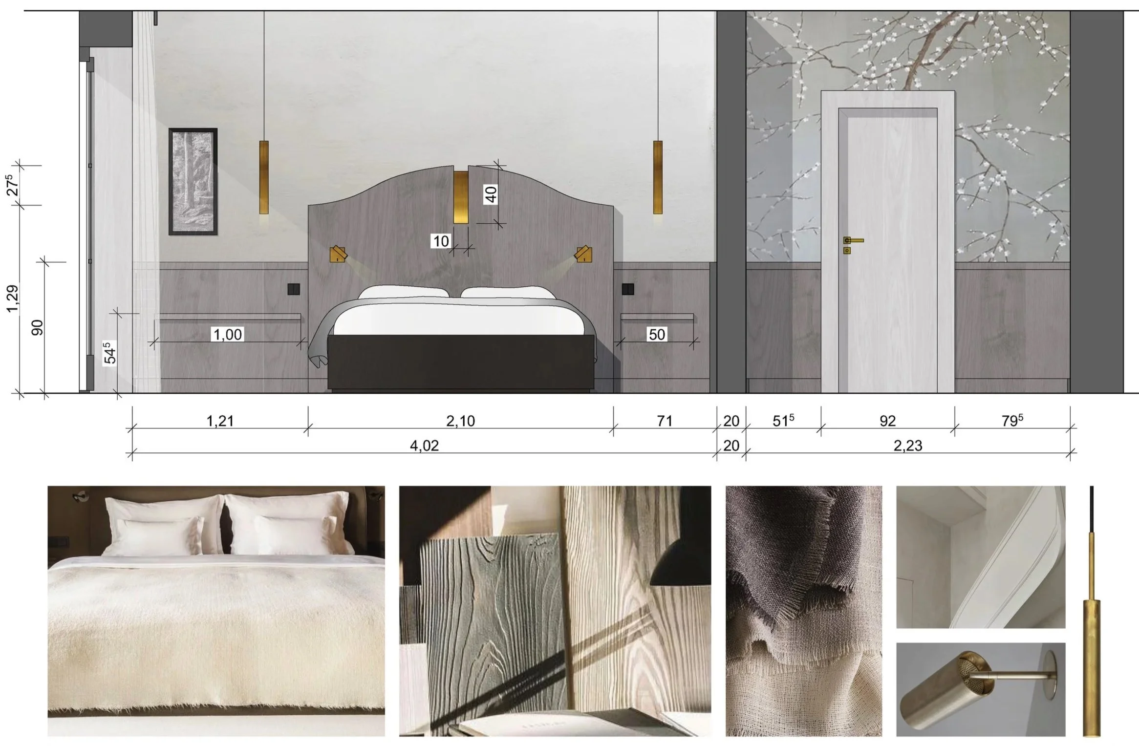 Zeichnung eines Schlafzimmer-Layouts mit Maßen, daneben vier Nahaufnahmen von Bettwäsche, Holz, Stoffen und einer Leuchte.