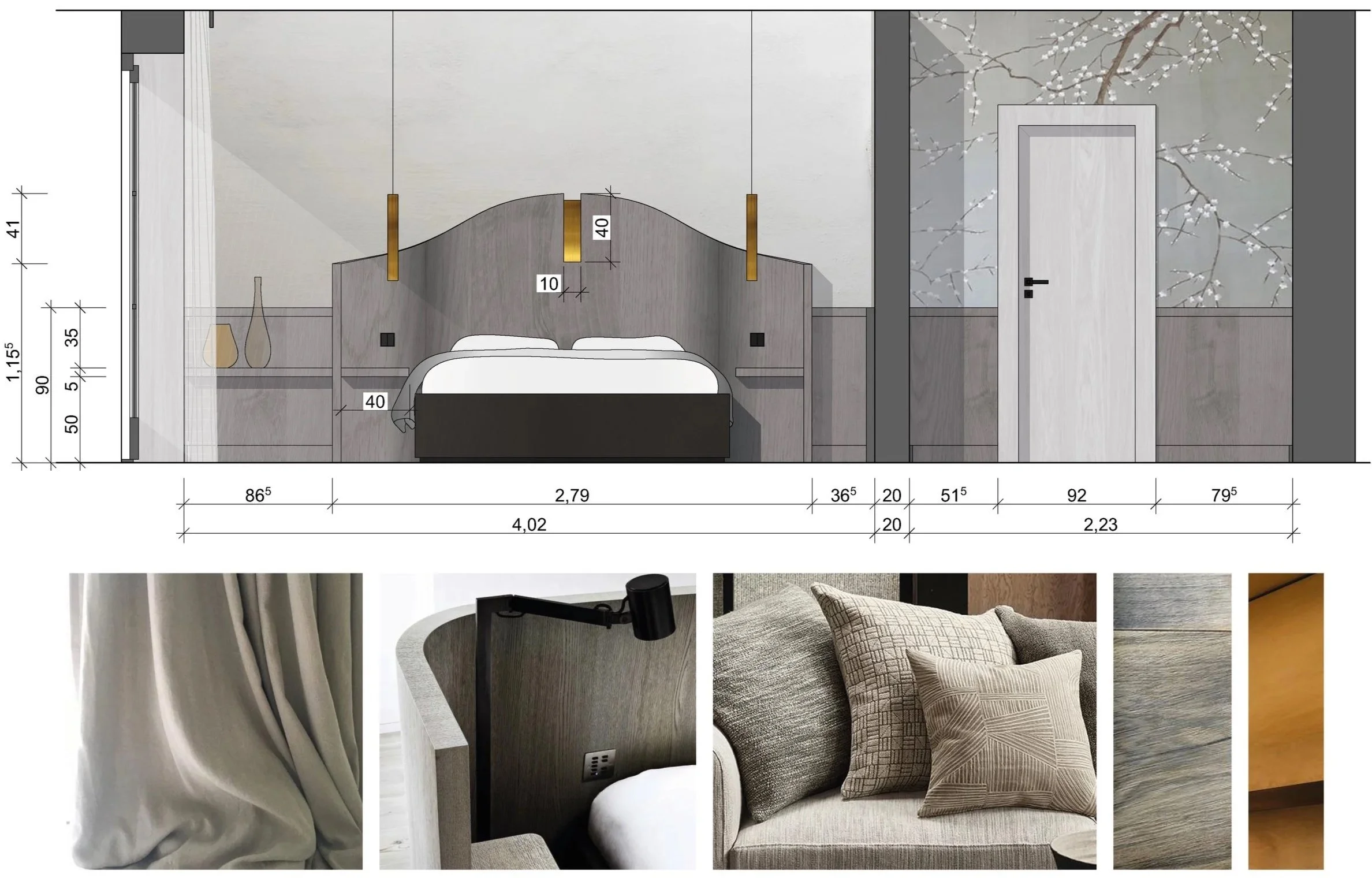 Küchen- und Wohnraum-Design mit Details zu Maßen, Materialien und Textilien in neutralen Farben.