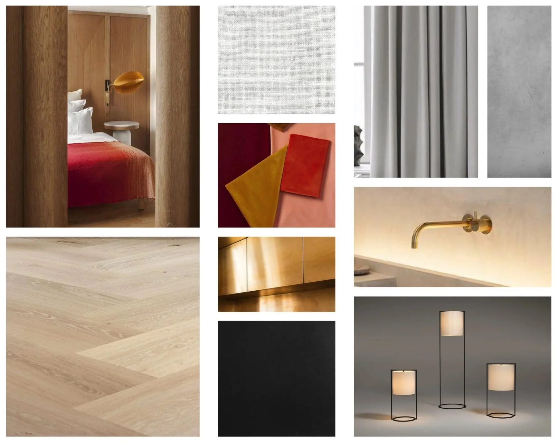 Inneneinrichtung mit natürlichen Materialien: Holz, Stoff, Metall, Beleuchtung, Vorhänge, Wandtextur und Farbe. Diseño modernos y elegantes con un esquema de colores neutros y dorados.