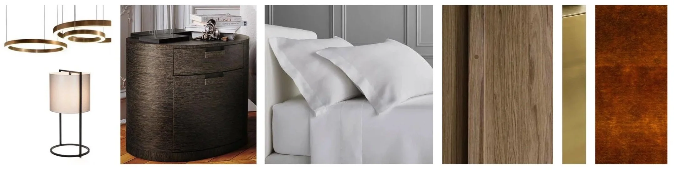 Ein Collage mit verschiedenen Einrichtungsgegenständen: Hängelampen, Tischlampe, Nachttisch, Bett mit weißen Kissen, Holz- und Metalloberflächen, Holzlaminat, Lackiertes Holz und Rostfarbenes Metall.